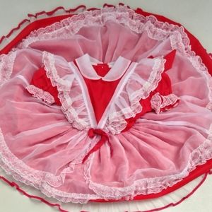 Girls Dress Betty Oden Size 5 Red White Pinafore Lace Full Circle Crinoline Vtg